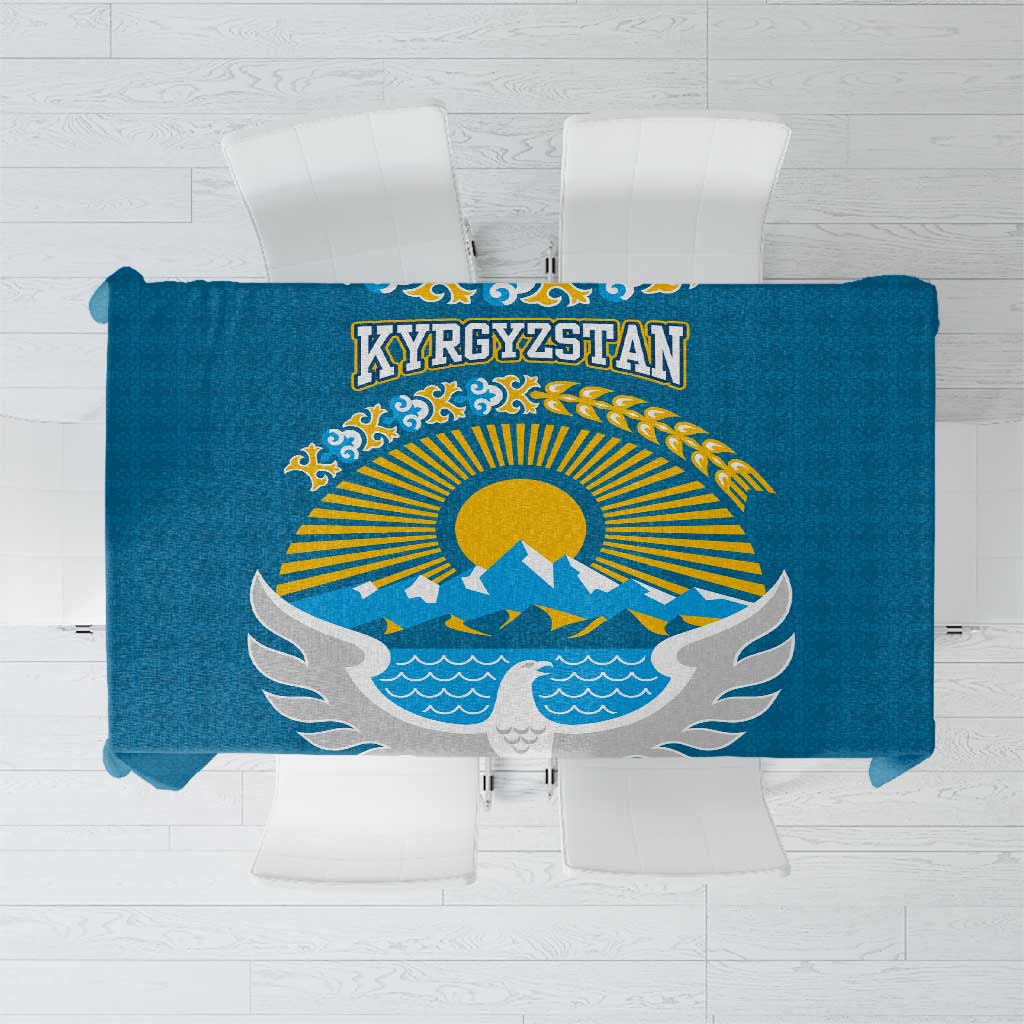 Kyrgyzstan Mountain Sunrise Tablecloth with Blue with Eagle, Sun, and National Flag Design