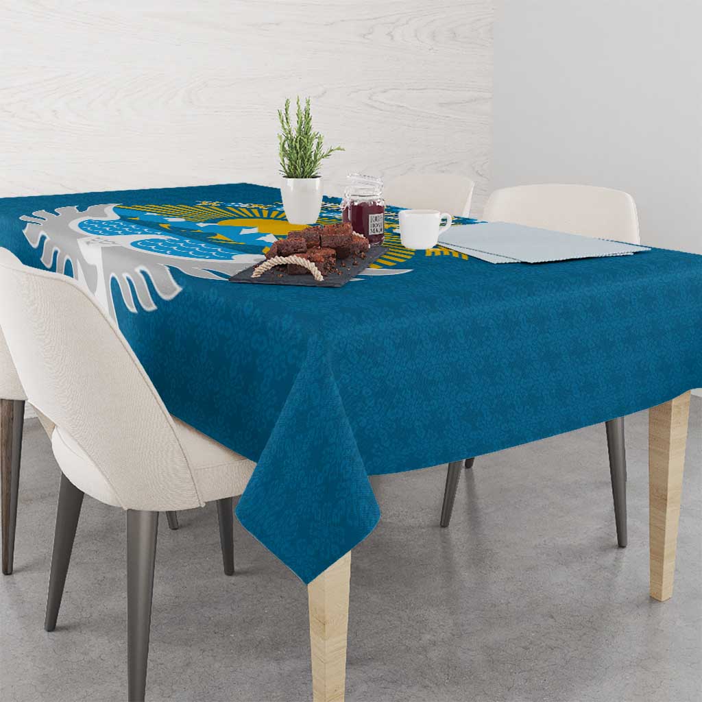 Kyrgyzstan Mountain Sunrise Tablecloth with Blue with Eagle, Sun, and National Flag Design