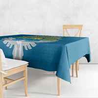 Kyrgyzstan Mountain Sunrise Tablecloth with Blue with Eagle, Sun, and National Flag Design