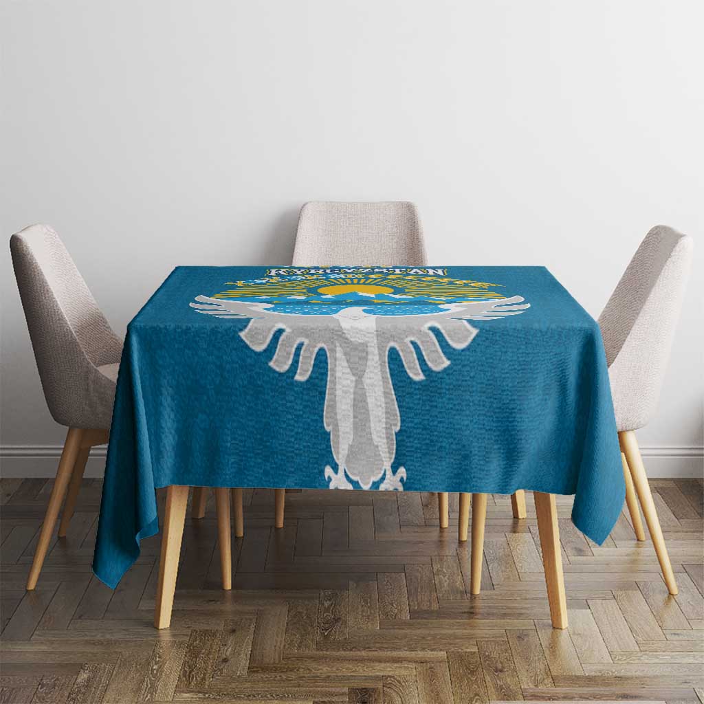 Kyrgyzstan Mountain Sunrise Tablecloth with Blue with Eagle, Sun, and National Flag Design