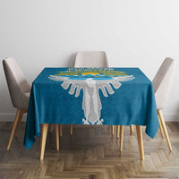 Kyrgyzstan Mountain Sunrise Tablecloth with Blue with Eagle, Sun, and National Flag Design
