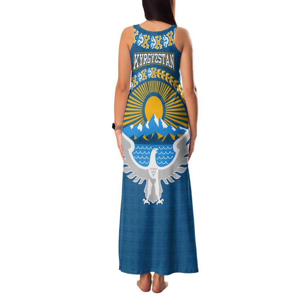 Kyrgyzstan Mountain Sunrise Tank Maxi Dress with Blue with Eagle, Sun, and National Flag Design