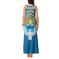 Kyrgyzstan Mountain Sunrise Tank Maxi Dress with Blue with Eagle, Sun, and National Flag Design