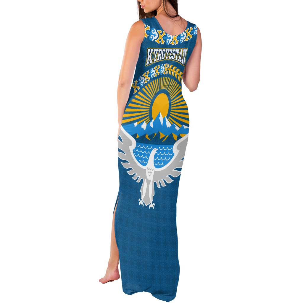 Kyrgyzstan Mountain Sunrise Tank Maxi Dress with Blue with Eagle, Sun, and National Flag Design