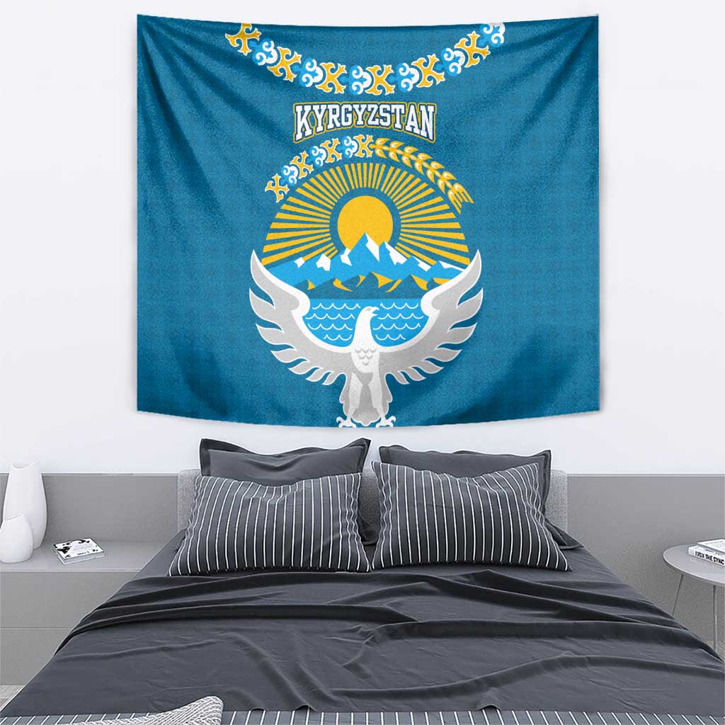 Kyrgyzstan Mountain Sunrise Tapestry with Blue with Eagle, Sun, and National Flag Design
