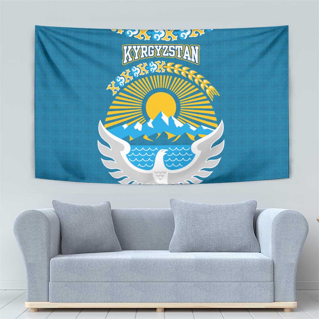 Kyrgyzstan Mountain Sunrise Tapestry with Blue with Eagle, Sun, and National Flag Design