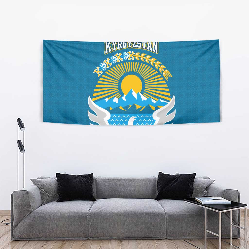 Kyrgyzstan Mountain Sunrise Tapestry with Blue with Eagle, Sun, and National Flag Design