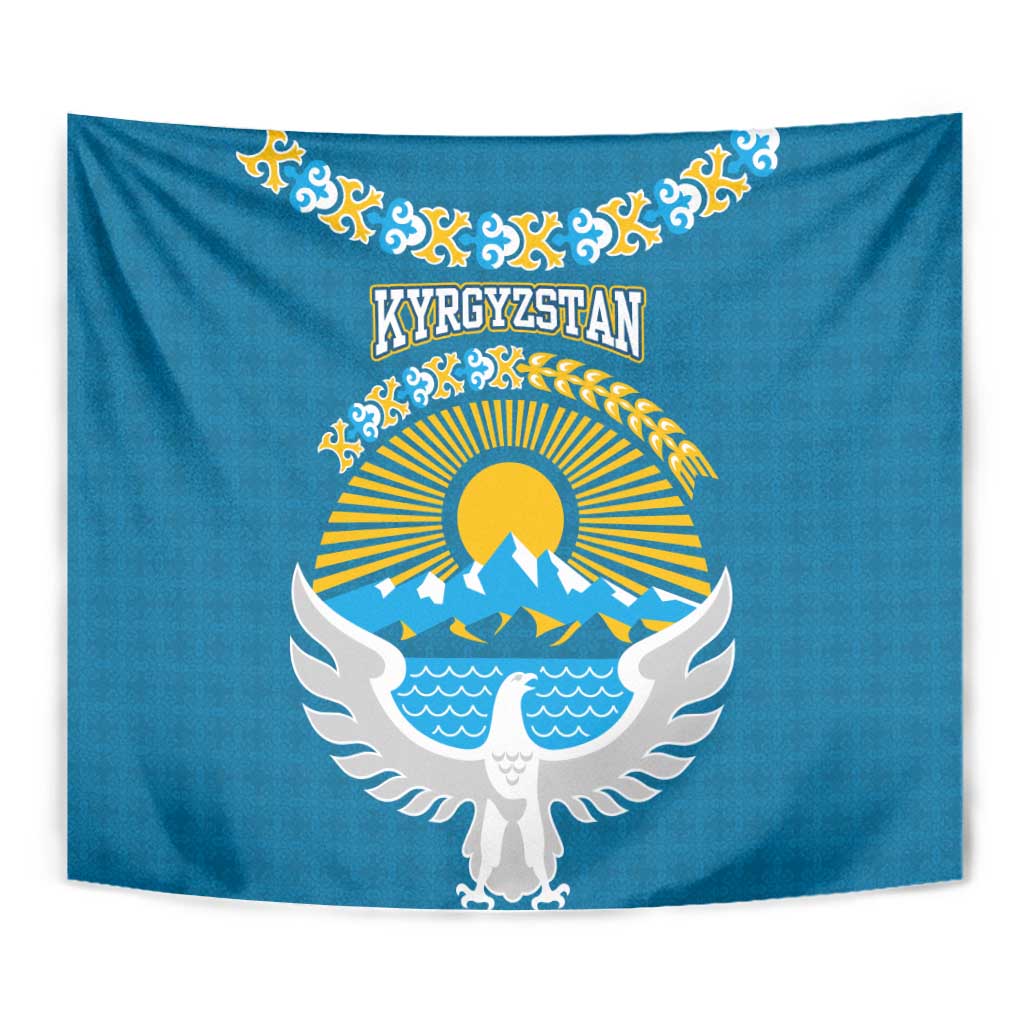 Kyrgyzstan Mountain Sunrise Tapestry with Blue with Eagle, Sun, and National Flag Design