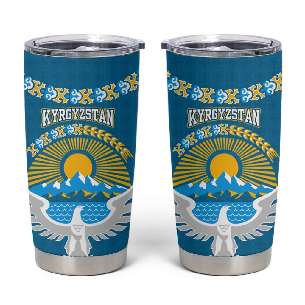 Kyrgyzstan Mountain Sunrise Tumbler Cup with Blue with Eagle, Sun, and National Flag Design
