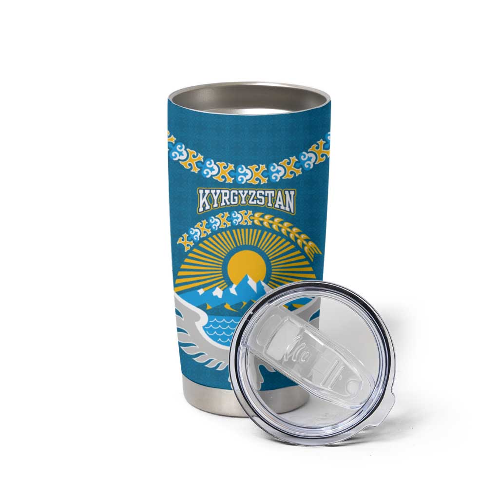 Kyrgyzstan Mountain Sunrise Tumbler Cup with Blue with Eagle, Sun, and National Flag Design