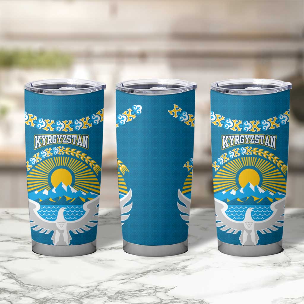 Kyrgyzstan Mountain Sunrise Tumbler Cup with Blue with Eagle, Sun, and National Flag Design