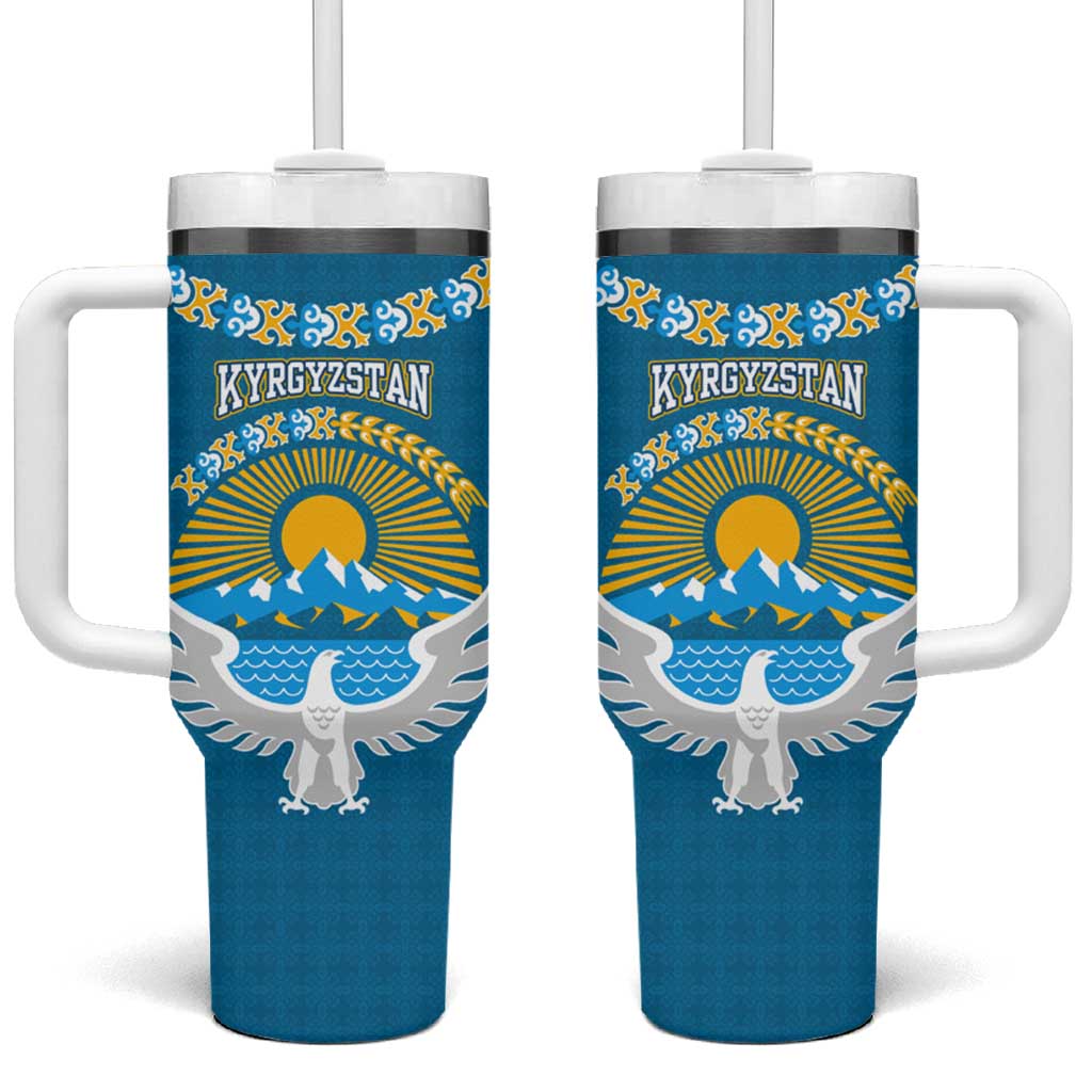 Kyrgyzstan Mountain Sunrise Tumbler With Handle with Blue with Eagle, Sun, and National Flag Design