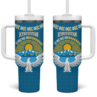 Kyrgyzstan Mountain Sunrise Tumbler With Handle with Blue with Eagle, Sun, and National Flag Design
