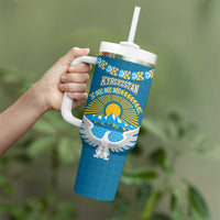 Kyrgyzstan Mountain Sunrise Tumbler With Handle with Blue with Eagle, Sun, and National Flag Design