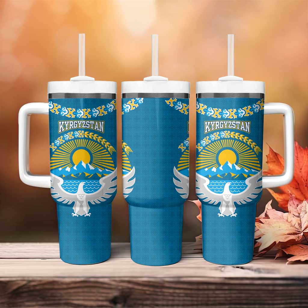 Kyrgyzstan Mountain Sunrise Tumbler With Handle with Blue with Eagle, Sun, and National Flag Design