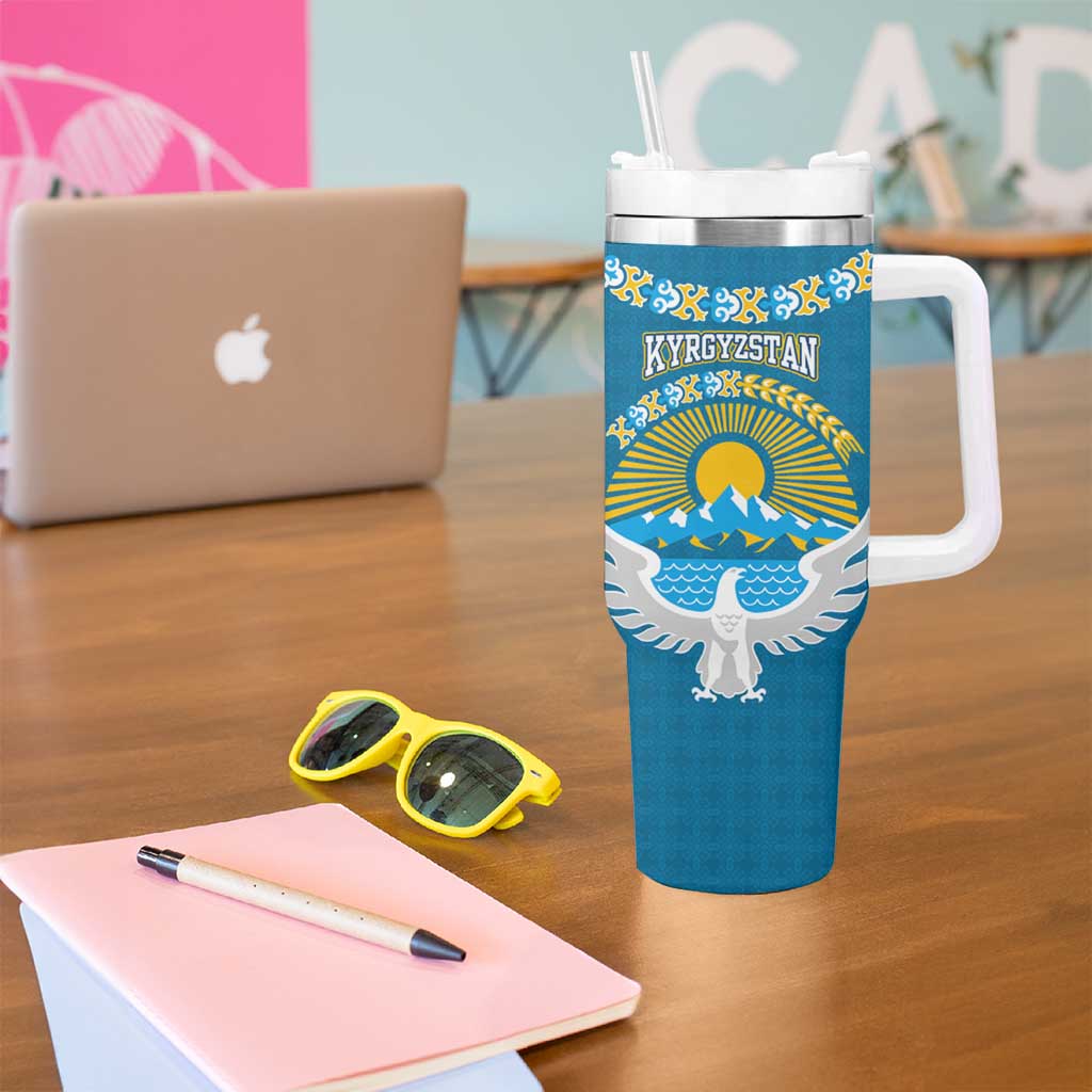 Kyrgyzstan Mountain Sunrise Tumbler With Handle with Blue with Eagle, Sun, and National Flag Design