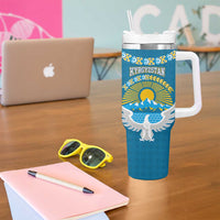 Kyrgyzstan Mountain Sunrise Tumbler With Handle with Blue with Eagle, Sun, and National Flag Design