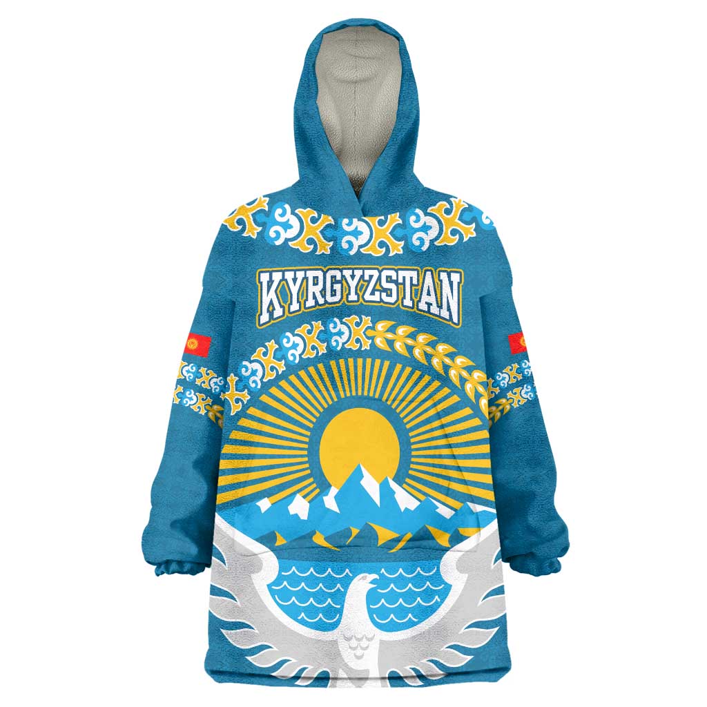 Kyrgyzstan Mountain Sunrise Wearable Blanket Hoodie with Blue with Eagle, Sun, and National Flag Design