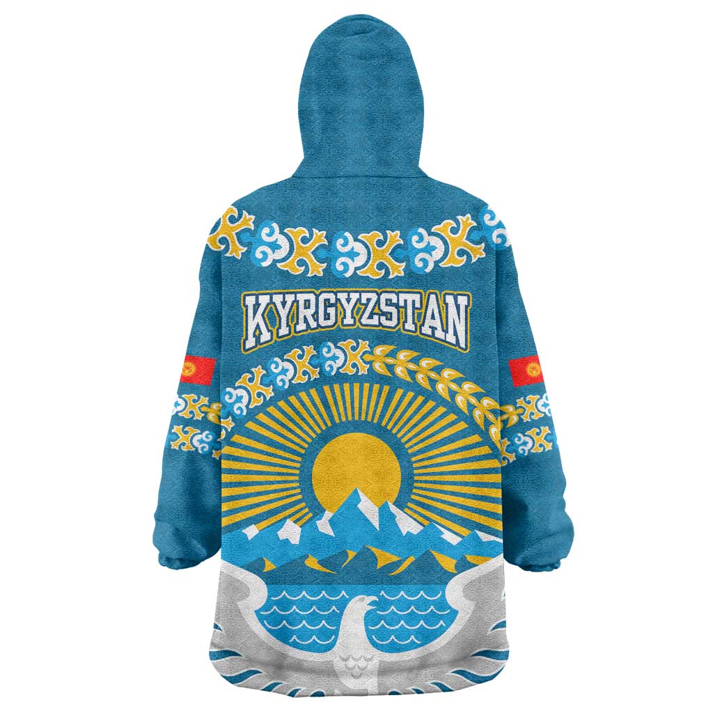 Kyrgyzstan Mountain Sunrise Wearable Blanket Hoodie with Blue with Eagle, Sun, and National Flag Design