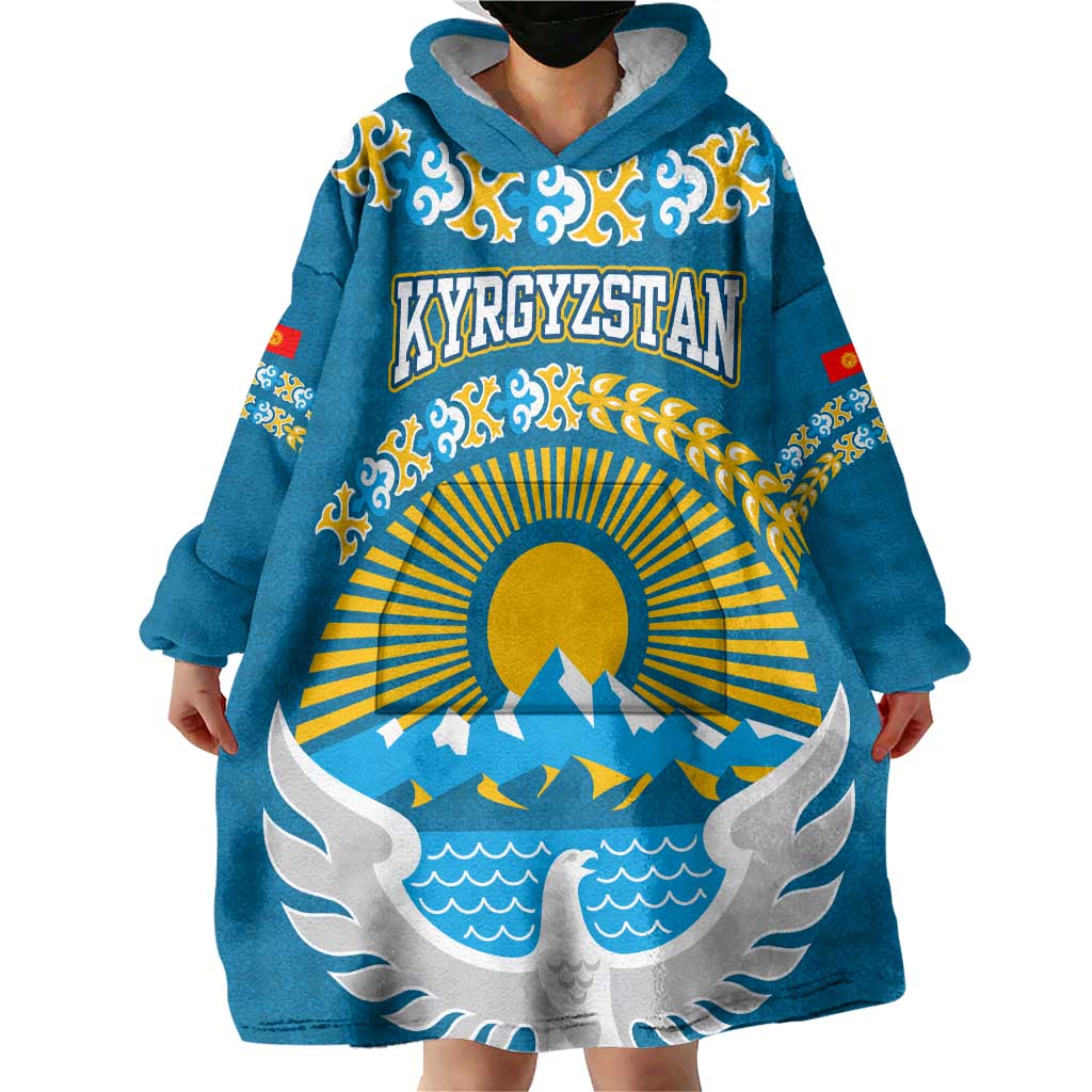 Kyrgyzstan Mountain Sunrise Wearable Blanket Hoodie with Blue with Eagle, Sun, and National Flag Design