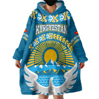 Kyrgyzstan Mountain Sunrise Wearable Blanket Hoodie with Blue with Eagle, Sun, and National Flag Design