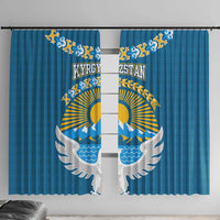 Kyrgyzstan Mountain Sunrise Window Curtain with Blue with Eagle, Sun, and National Flag Design