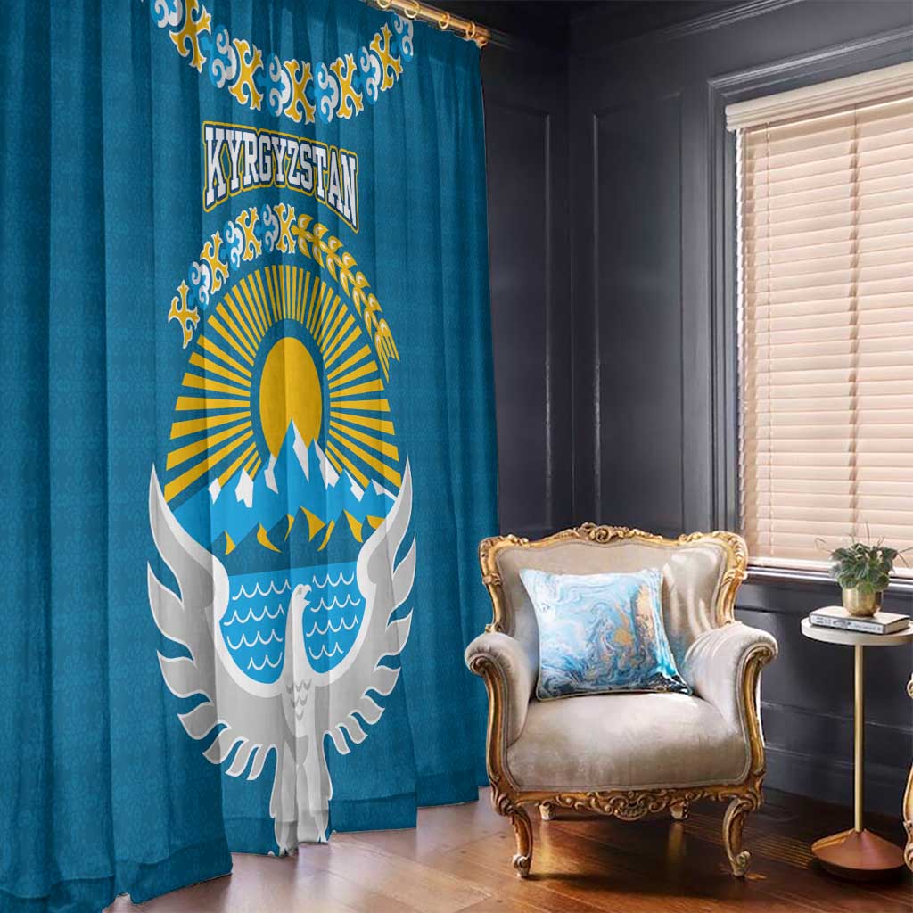 Kyrgyzstan Mountain Sunrise Window Curtain with Blue with Eagle, Sun, and National Flag Design