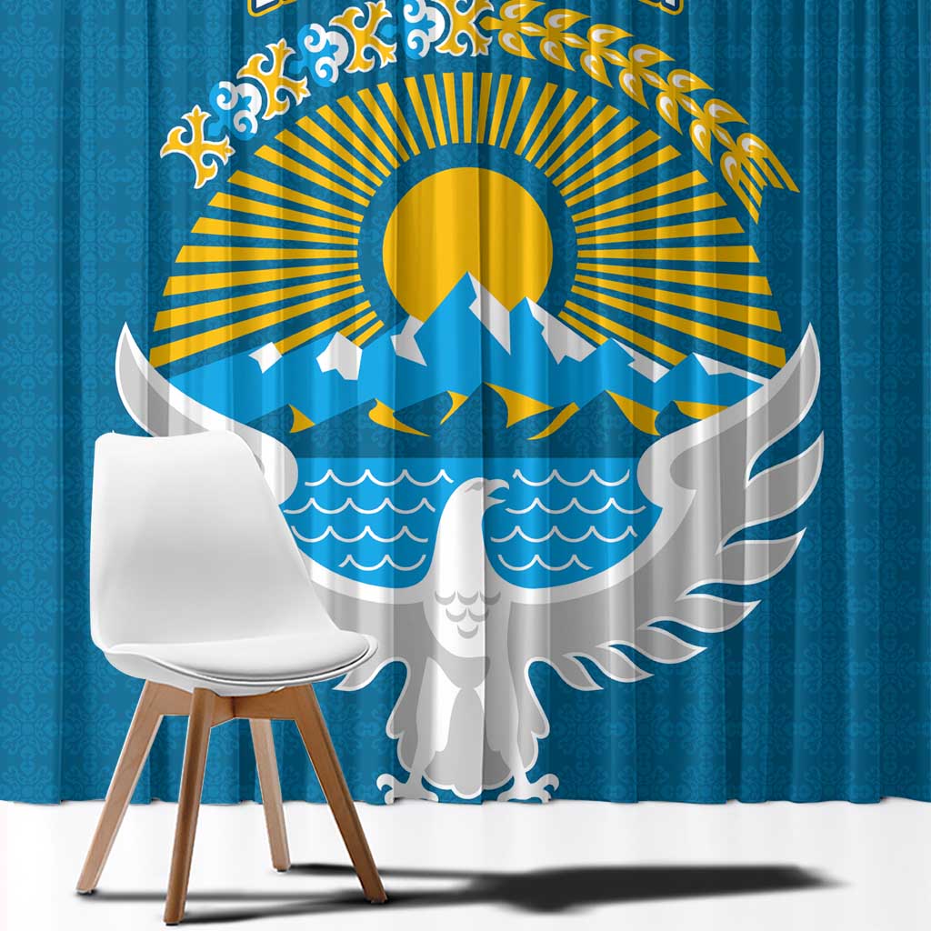 Kyrgyzstan Mountain Sunrise Window Curtain with Blue with Eagle, Sun, and National Flag Design