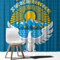 Kyrgyzstan Mountain Sunrise Window Curtain with Blue with Eagle, Sun, and National Flag Design