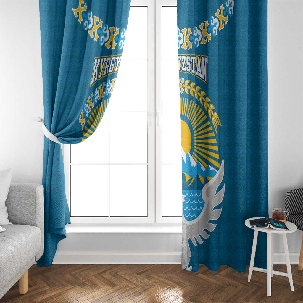 Kyrgyzstan Mountain Sunrise Window Curtain with Blue with Eagle, Sun, and National Flag Design
