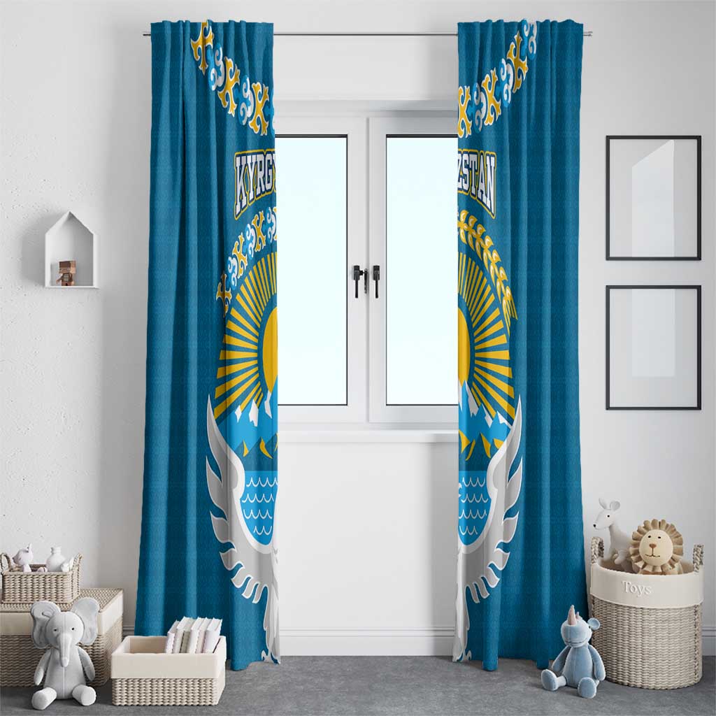 Kyrgyzstan Mountain Sunrise Window Curtain with Blue with Eagle, Sun, and National Flag Design