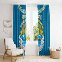Kyrgyzstan Mountain Sunrise Window Curtain with Blue with Eagle, Sun, and National Flag Design