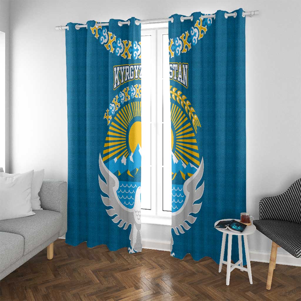 Kyrgyzstan Mountain Sunrise Window Curtain with Blue with Eagle, Sun, and National Flag Design