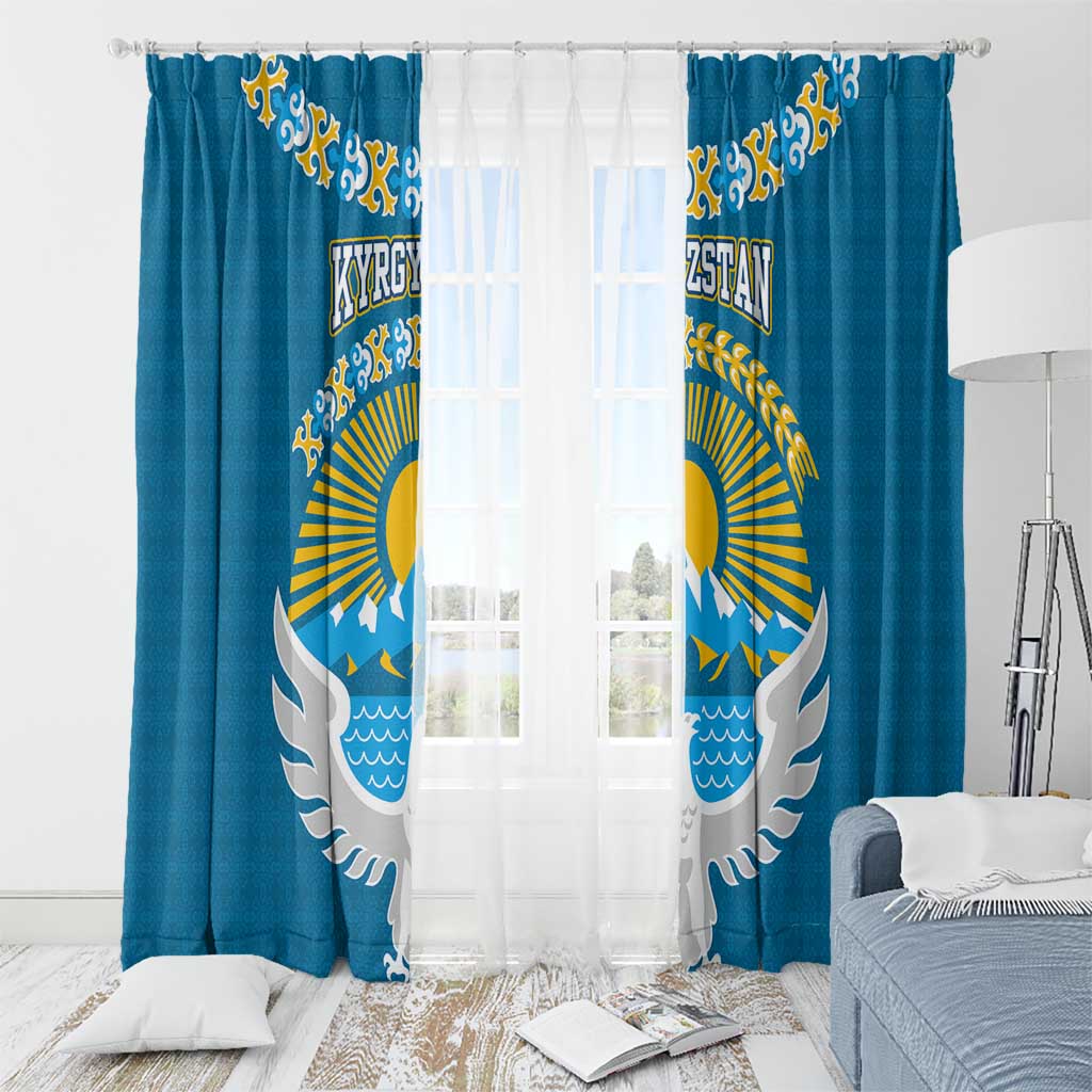 Kyrgyzstan Mountain Sunrise Window Curtain with Blue with Eagle, Sun, and National Flag Design