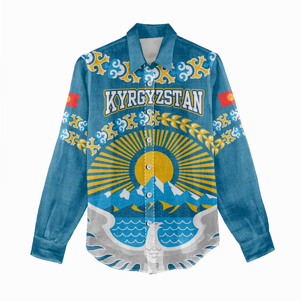 Kyrgyzstan Mountain Sunrise Women Casual Shirt with Blue with Eagle, Sun, and National Flag Design