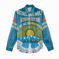 Kyrgyzstan Mountain Sunrise Women Casual Shirt with Blue with Eagle, Sun, and National Flag Design
