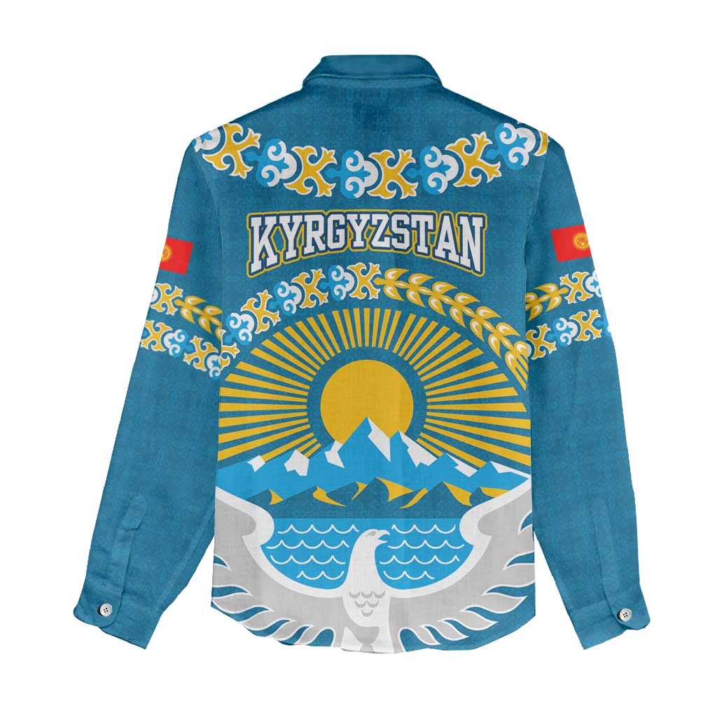 Kyrgyzstan Mountain Sunrise Women Casual Shirt with Blue with Eagle, Sun, and National Flag Design