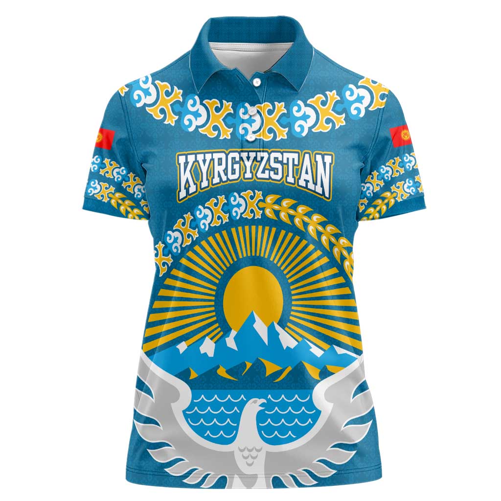 Kyrgyzstan Mountain Sunrise Women Polo Shirt with Blue with Eagle, Sun, and National Flag Design