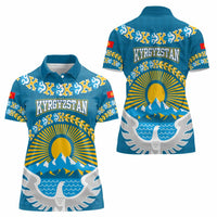 Kyrgyzstan Mountain Sunrise Women Polo Shirt with Blue with Eagle, Sun, and National Flag Design