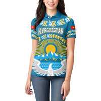 Kyrgyzstan Mountain Sunrise Women Polo Shirt with Blue with Eagle, Sun, and National Flag Design