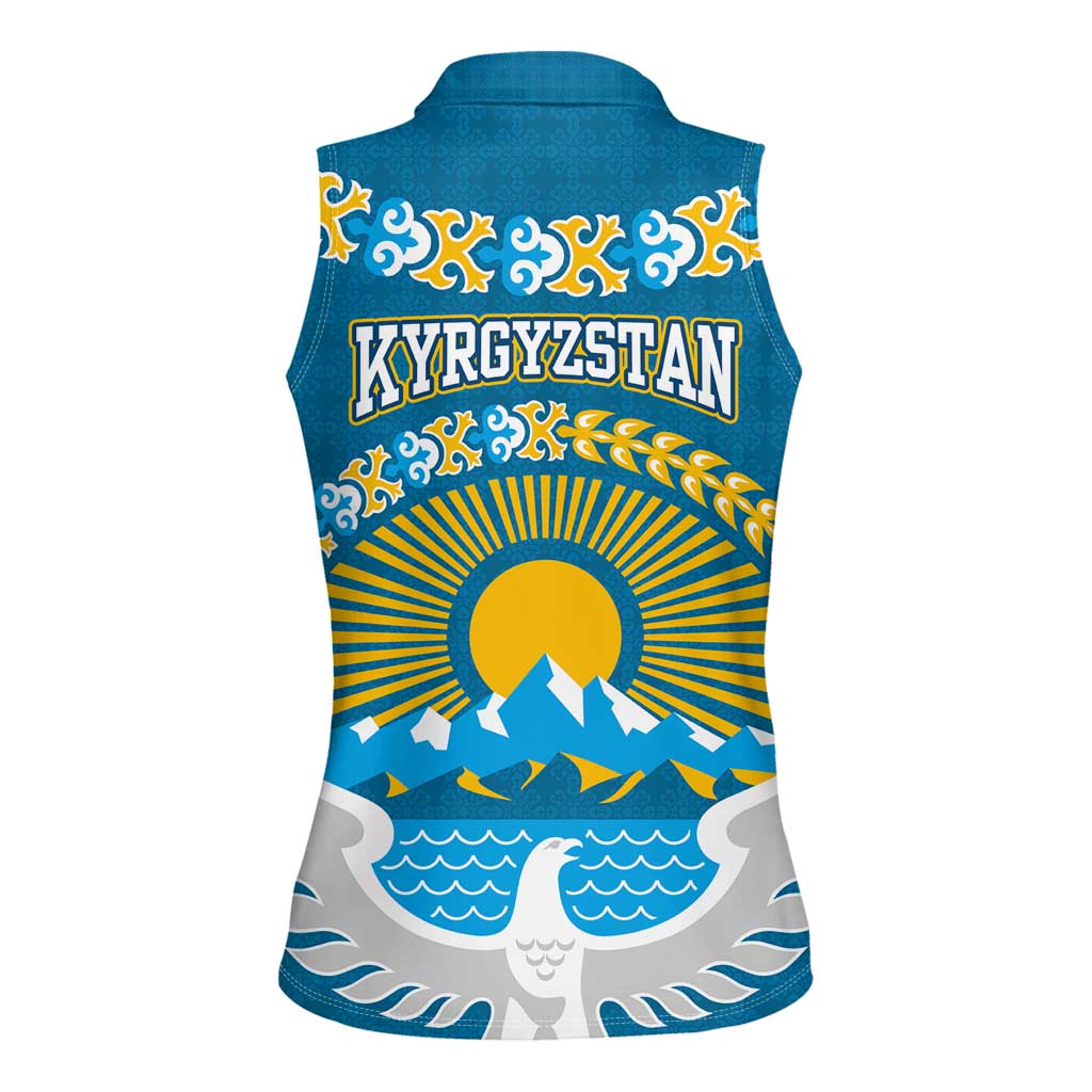 Kyrgyzstan Mountain Sunrise Women Sleeveless Polo Shirt with Blue with Eagle, Sun, and National Flag Design