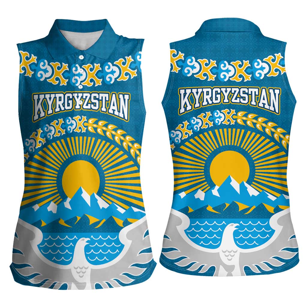 Kyrgyzstan Mountain Sunrise Women Sleeveless Polo Shirt with Blue with Eagle, Sun, and National Flag Design