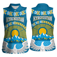 Kyrgyzstan Mountain Sunrise Women Sleeveless Polo Shirt with Blue with Eagle, Sun, and National Flag Design
