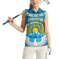 Kyrgyzstan Mountain Sunrise Women Sleeveless Polo Shirt with Blue with Eagle, Sun, and National Flag Design