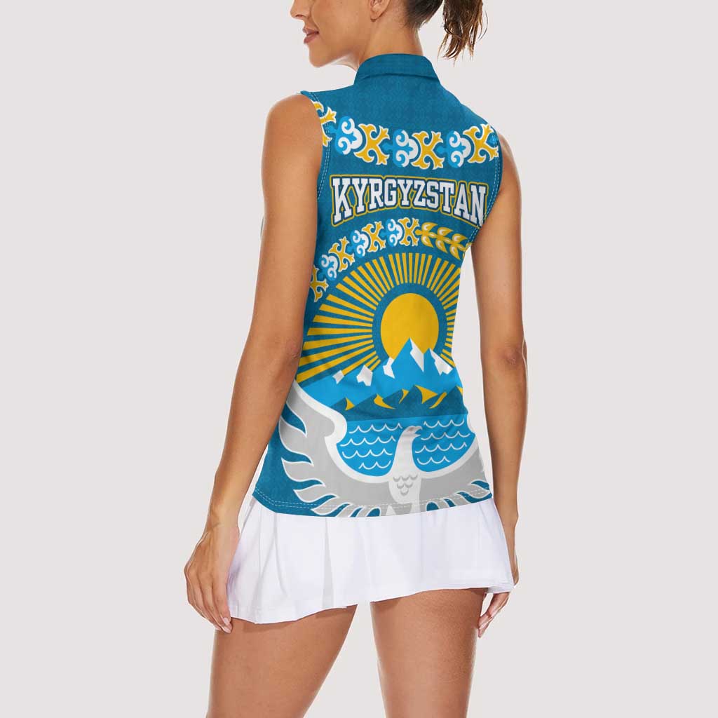 Kyrgyzstan Mountain Sunrise Women Sleeveless Polo Shirt with Blue with Eagle, Sun, and National Flag Design