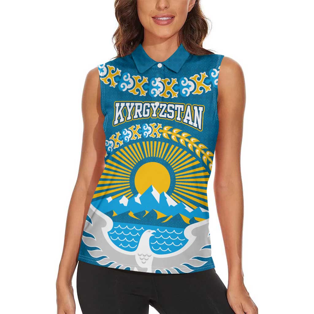 Kyrgyzstan Mountain Sunrise Women Sleeveless Polo Shirt with Blue with Eagle, Sun, and National Flag Design