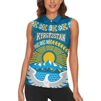 Kyrgyzstan Mountain Sunrise Women Sleeveless Polo Shirt with Blue with Eagle, Sun, and National Flag Design