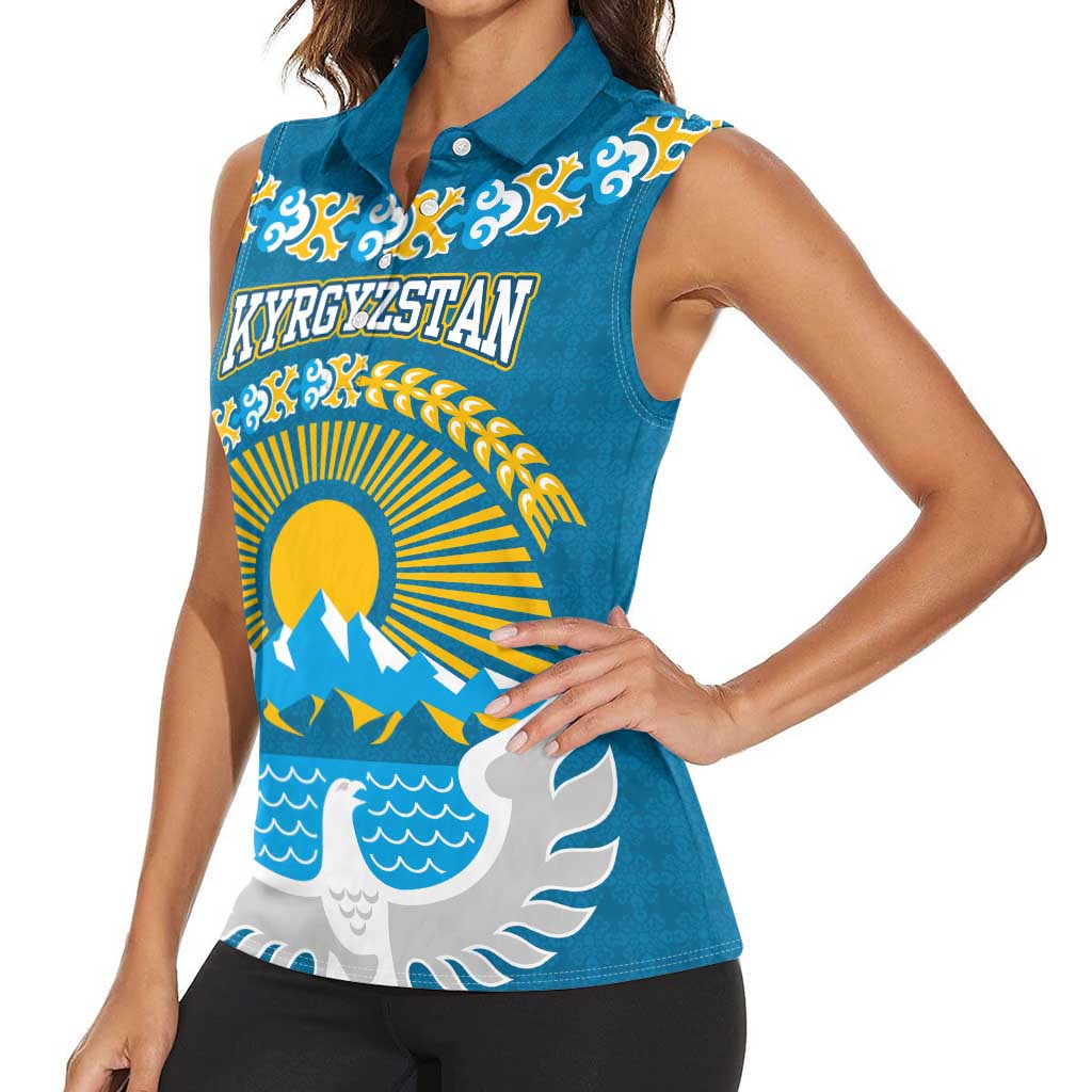 Kyrgyzstan Mountain Sunrise Women Sleeveless Polo Shirt with Blue with Eagle, Sun, and National Flag Design
