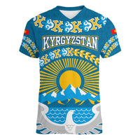Kyrgyzstan Mountain Sunrise Women V-Neck T-Shirt with Blue with Eagle, Sun, and National Flag Design