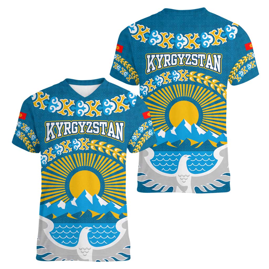 Kyrgyzstan Mountain Sunrise Women V-Neck T-Shirt with Blue with Eagle, Sun, and National Flag Design